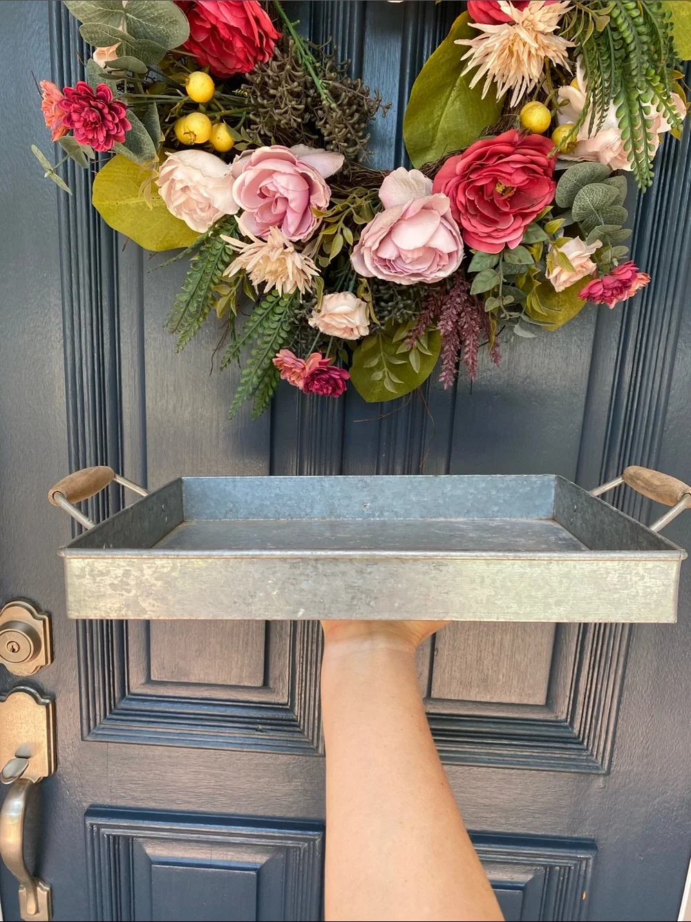 Pottery Barn Rustic Galvanized Metal Tray with Wood Handles